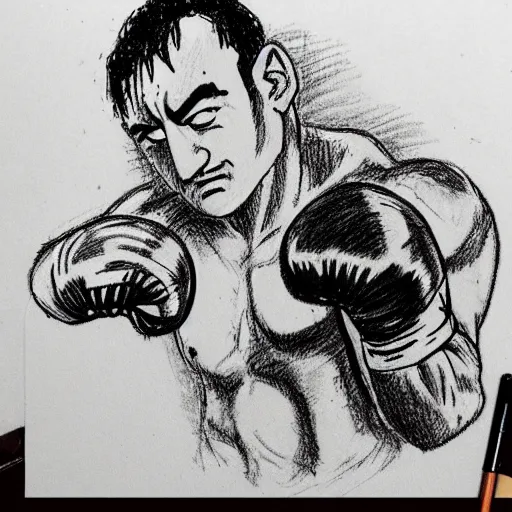 Prompt: professional drawing in the style of kentaro miura of boxing world champion rocky marciano punching