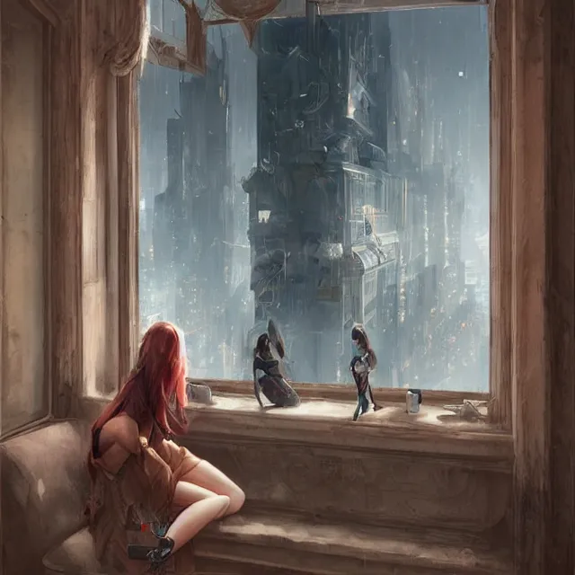 Image similar to window, eye, women, buildings, surprise, scared, couch by wlop, artgerm, greg rutkowski