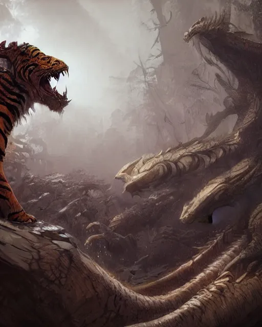 Image similar to A tiger, skin dragon, calm, highly detailed face, full body, fantasy art, monster art, in the style of greg rutkowski, illustration, epic, fantasy, intricate, hyper detailed, artstation, concept art, smooth, sharp focus, ray tracing