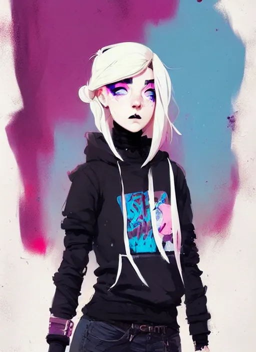 Image similar to highly detailed portrait of a urban punk lady student, blue eyes, hoodie, white hair by atey ghailan, by greg rutkowski, by greg tocchini, by james gilleard, by joe fenton, by kaethe butcher, gradient black, brown and pink color scheme, grunge aesthetic!!! ( ( graffiti tag wall background ) )