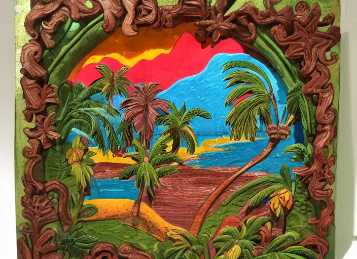 Image similar to colorized stylized bas relief sculpture of a tropical paradise with a frame in mexico folk art style