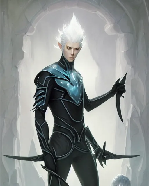 Prompt: character portrait of a slender young white haired half elven man with piercing blue eyes and pale bluish skin, wearing smooth sleek pearlescent black wraithbone armor, by greg rutkowski and mark brookes and jim burns and tom bagshaw and magali villeneuve, trending on artstation