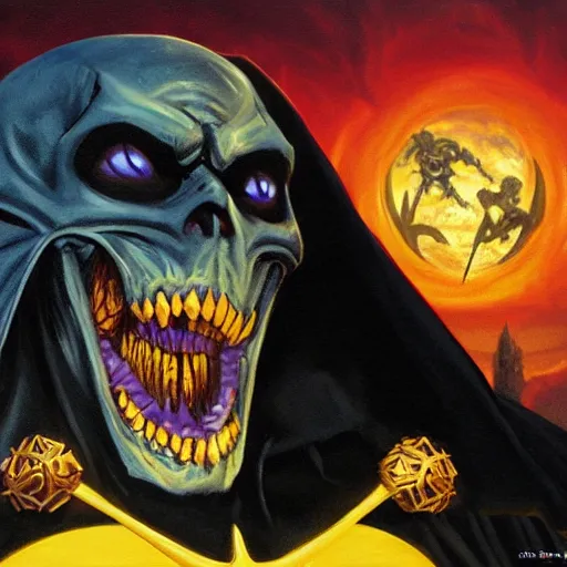 Prompt: oil painting of skeletor as batman, art by jeff easley, 4 k, dnd magazine cover, fantasy, highly detailed, epic lighting