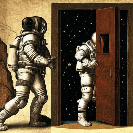 Image similar to photo - realism, space astronaut opening door that shows space and time created by leonardo davinci with extra detail, epic.