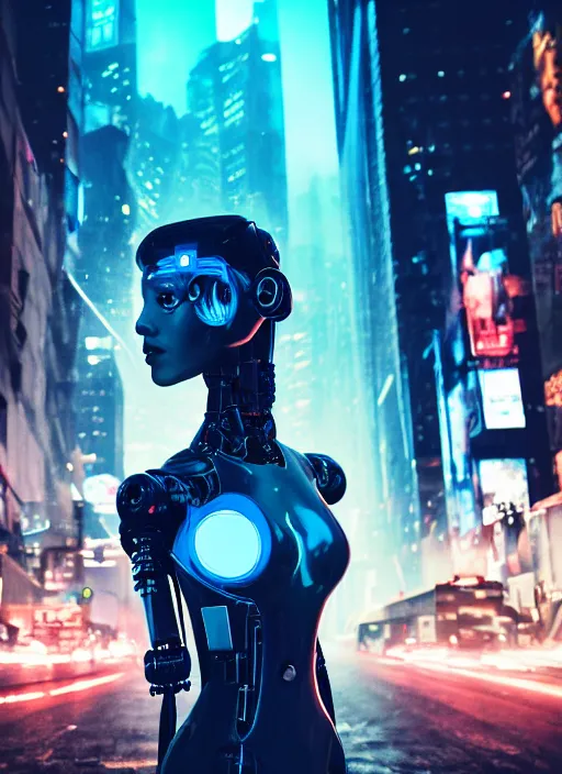 Image similar to cyberpunk,sci-fi, fantasy,Kodak Portra 400, 8K, soft light, volumetric lighting, highly detailed photo of a beautiful cyborg robot woman in a street of new york + face,night, fog, cyan lighting, intricate, elegant, highly detailed, digital painting, artstation, concept art, smooth, sharp focus, illustration,art by artgerm and greg rutkowski and alphonse mucha , sigma art 85mm F1.8