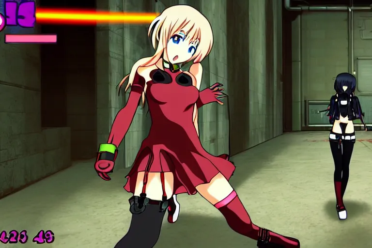 Image similar to an anime girl in a screenshot of the video game doom, the anime girl is crouching