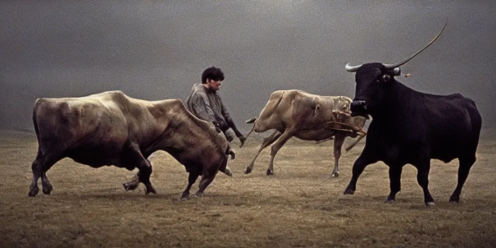 Prompt: detailed medium format photo, polaroid still from tarkovsky movie, matador facing off with bull, blurred motion, haze, high production value, intricate details, 8 k resolution, hyperrealistic, hdr, photorealistic, high definition, technicolor, award - winning photography, masterpiece, amazing colors