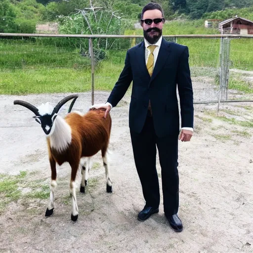 Image similar to an goat wearing a fancy suit and holding an briefcase in a goatfield