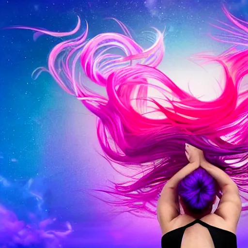 Image similar to a award winning full body shot of a beautiful woman in a croptop with a ombre purple pink teal hairstyle with head in motion and hair flying, outrun, vaporware, vivid colors, highly detailed, fine detail, intricate