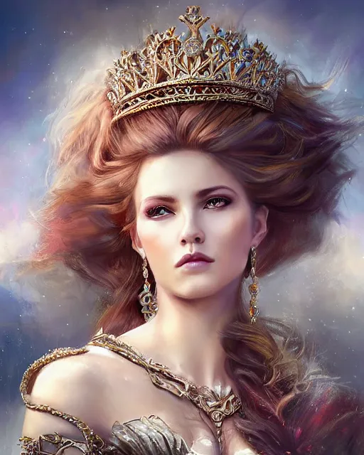 Prompt: a beautiful female queen sitting on a throne, 8 k, beautiful face and windy hair, hyperrealistic, hyperdetailed, fantasy portrait by laura sava