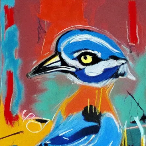 Image similar to bluejay by a river in an autumnal forest, painted by jean michel basquiat