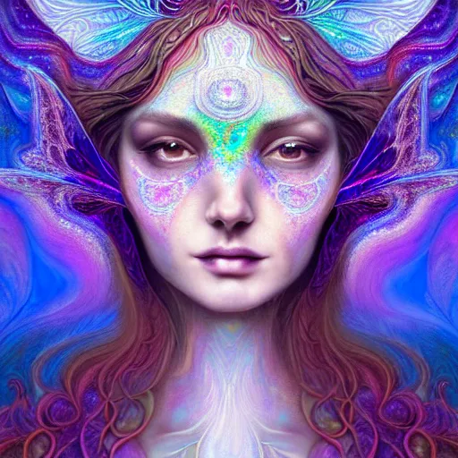 Image similar to An extremely psychedelic crystalline soul fairy, multifaceted, crystals, surreal, dramatic lighting, magic mushrooms, psilocybin, LSD, face, detailed, intricate, elegant, lithe, highly detailed, digital painting, artstation, concept art, smooth, sharp focus, illustration, art by Krenz Cushart and Artem Demura and alphonse mucha