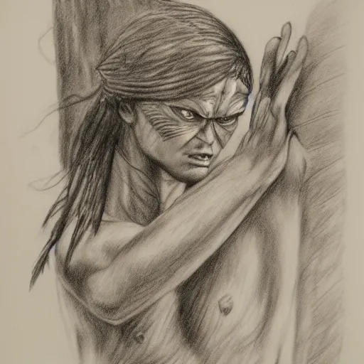 Prompt: The mummy touches the warrior's head , in jungle, pencil drawing