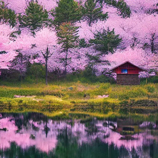 Prompt: forest cabin realistic photography 1 5 0 mpx wide angle lake deer cherry blossom