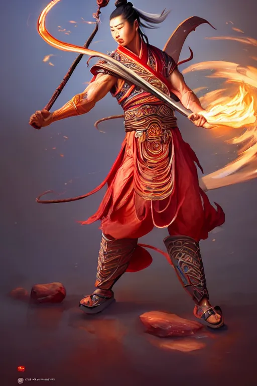 Image similar to handsome nezha, highly detailed, man holding spear, flame everywhere, epic pose, masterpiece chinese fantasy character portrait, highly detailed, digital painting, trending on artstation, concept art, sharp focus, illustration, global illumination, ray tracing, realistic shaded, art by artgerm and greg rutkowski and fuji choko and viktoria gavrilenko and hoang lap