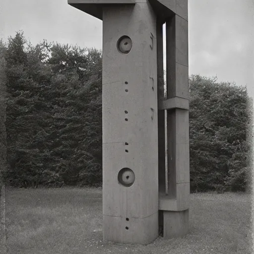 Prompt: grainy vintage autochrome pinhole-photograph of a massive utilitarian brutalist sculpture-synthesizer with tactile moving controls and finely crafted dials standing in a tripod in a secret garden, digital art