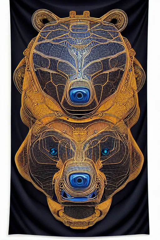 Image similar to a centered uncut fullbody frontview portrait of a robotic bear headed biomechanical creature by clogtwo and subjekt zero feat paul lewin. intricate detailed sharp clean textured very ornated. indian style tapestry design. lowbrow color palette