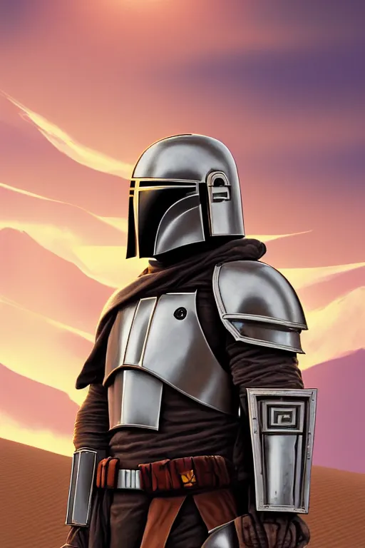 Image similar to beautiful luxury and victorian and elite and holy Mandalorian medieval white armor knight warrior portrait, desert dunes, sunset clouds, sun glowing behind head, art and illustration by tian zi and craig mullins and WLOP and alphonse mucha, ssci-fi, fantasy, intricate complexity, human structure, hypermaximalist, fantasy character concept, dynamic lighting, neon light, watermark, blurry, hyperrealism 8k