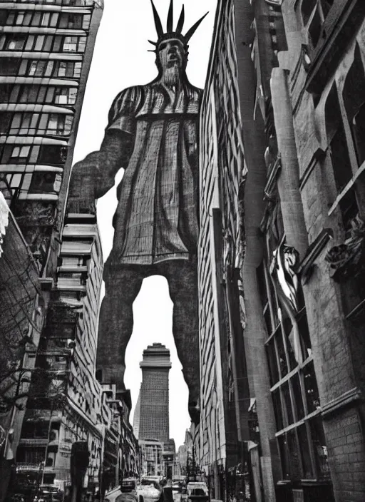 Image similar to giant monster walking between buildings, and it has the angry face of the statue of liberty