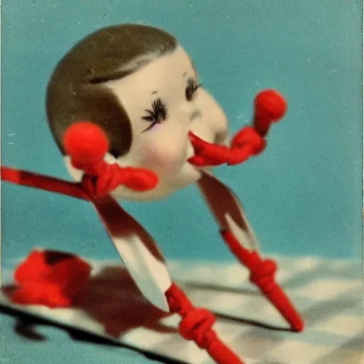 Image similar to 1 9 5 0 s children toys on strings leaping towards you, scary, fear, horror, thriller, jump scare, pov, polaroid,