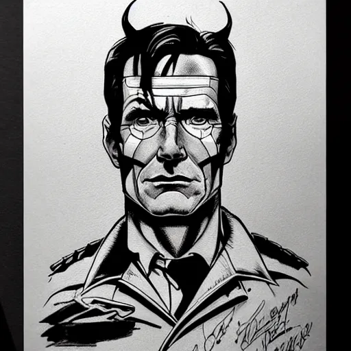Image similar to beautiful portrait commission of a handsome Bryan Cranston as captain america in a vintage gothic style. black hair. pale skin, black makeup. character design by ralph steadman, detailed, inked, western comic book art
