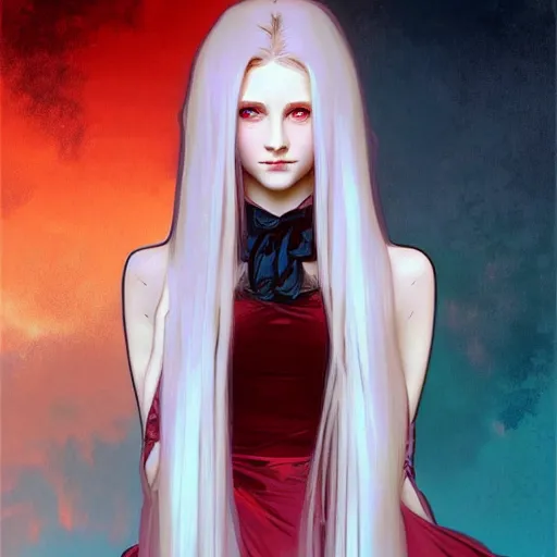 Prompt: portrait of a beautiful young fit girl vampire with long blonde hair and blue eyes with her fans in a person's neck, wearing a skirt, by greg rutkowski and alphonse mucha, d & d character, gradient white to red, modern nocturnal background, highly detailed portrait, digital painting, artstation, concept art, smooth, sharp focus ilustration, artstation hq