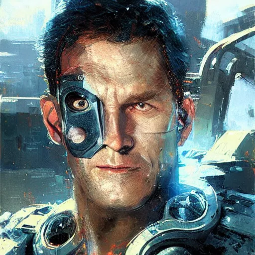 Prompt: heroic (((((man))))) cyborg, sci fi portrait by craig mullins