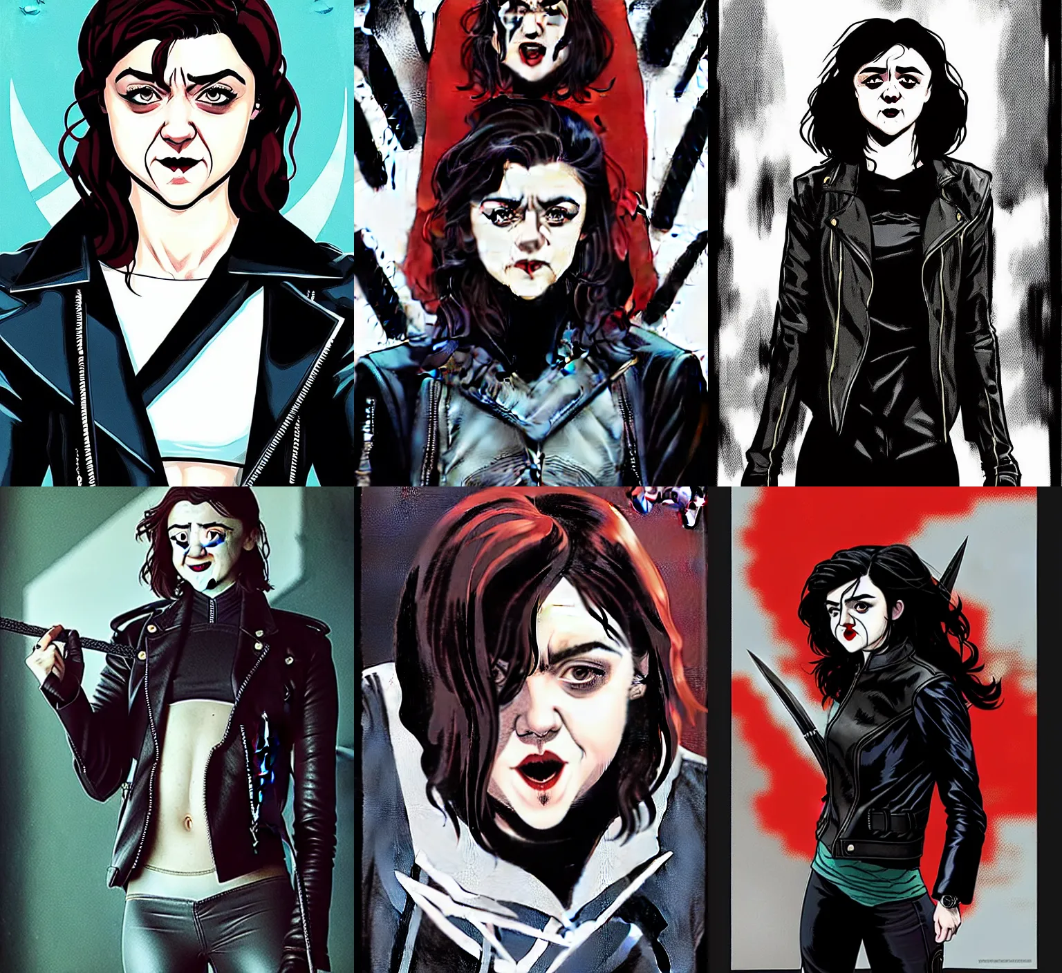 Prompt: Rafael Albuquerque comic art, beautiful female vampire Maisie Williams, mouth open smile sharp vampire teeth, leather jacket, symmetrical face, long hair, long sharp fingers claws, full body