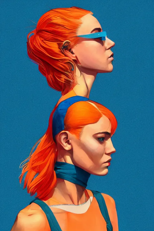 Image similar to a award winning half body portrait of a beautiful caucasian woman in a croptop and cargo pants with ombre orange blue teal hairstyle with head in motion and hair flying by martine johanna and will eisner, outrun, vaporware, digital art, trending on artstation, highly detailed, fine detail, intricate