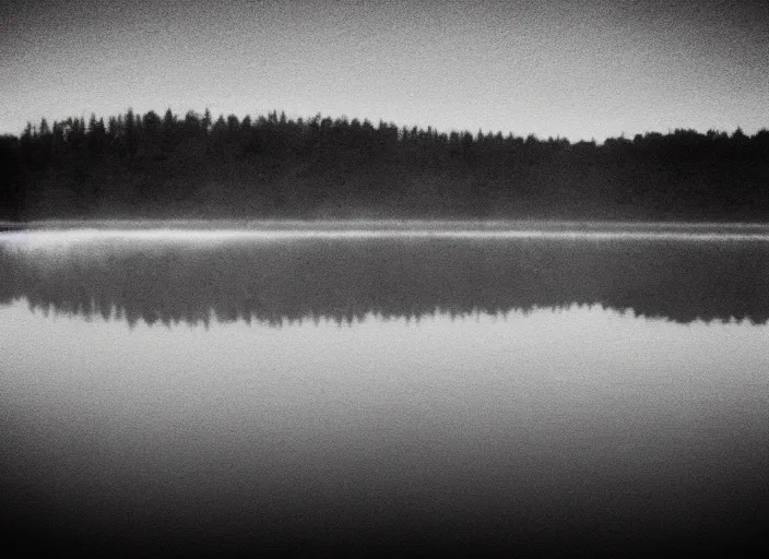 Image similar to lake by Andrei Tarkovsky, boat, mist, lomography photo effect, monochrome, noise grain film