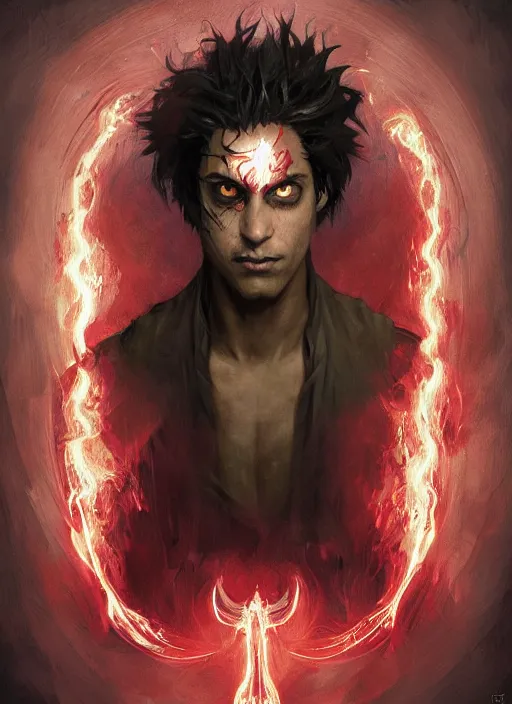 Prompt: character concept portrait of a handsome young twisted dark hispanic wizard with olive skin and glowing red eyes casting a zombie spell, a floating iridescent spell book in the center, intricate, elegant, digital painting, concept art, smooth, sharp focus, illustration, from Metal Gear, by Ruan Jia and Mandy Jurgens and William-Adolphe Bouguereau, Artgerm