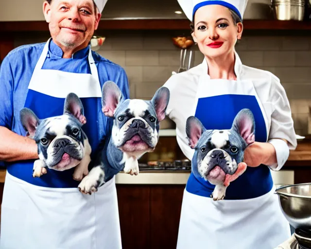 Image similar to a 8k highly detailed still photo by David Bailey of Two blue merle French Bulldogs in chef hats and aprons starring on a cooking show, a high end kitchen in the background