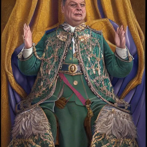 Image similar to an extremely realistic portrait depicting the coronation of viktor orban dressed in royal national costume, on the frozen danube, detailed, intricate, elegant, fat, highly detailed, digital painting, artstation, concept art, smooth, sharp focus, illustration,