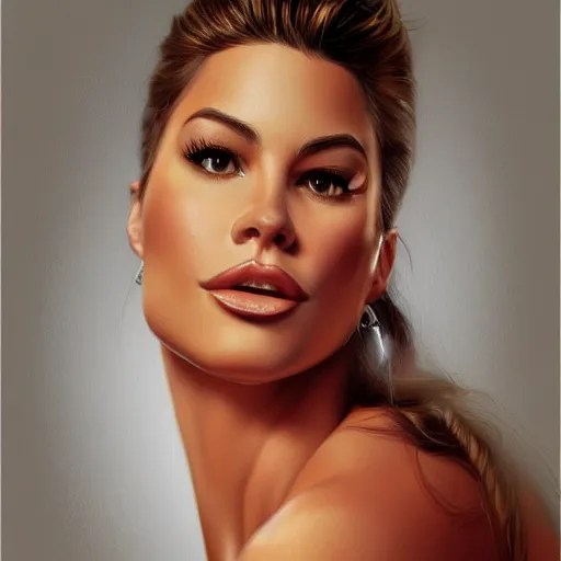 Prompt: Portrait of Sofia Vergara ,intricate upper body, whole body, highly detailed, digital painting, artstation, concept art, smooth, sharp focus, illustration, art by Hajime Sorayama