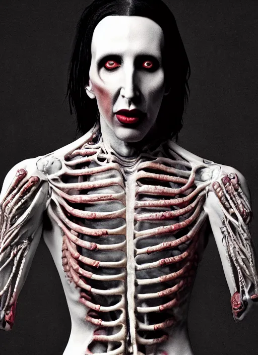 Image similar to portrait of marilyn manson with translucent skin, visible muscles and veins and arteries and bones and spines and nerves, beautiful detailed intricate insanely detailed octane render, 8 k artistic photography, photorealistic, chiaroscuro, by david cronenberg, raphael, caravaggio