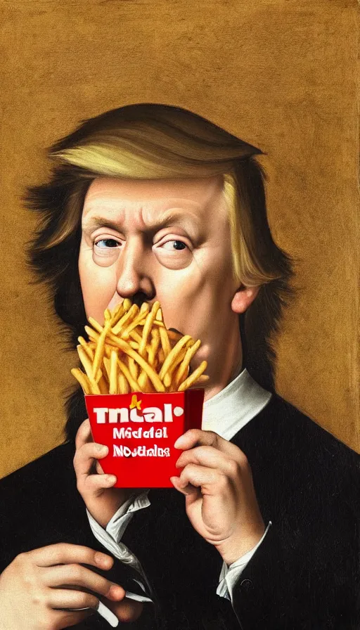 Image similar to still life painting of Donald Trump holding a McDonalds Big Mac, by Caravaggio, hyperrealistic, botanical print