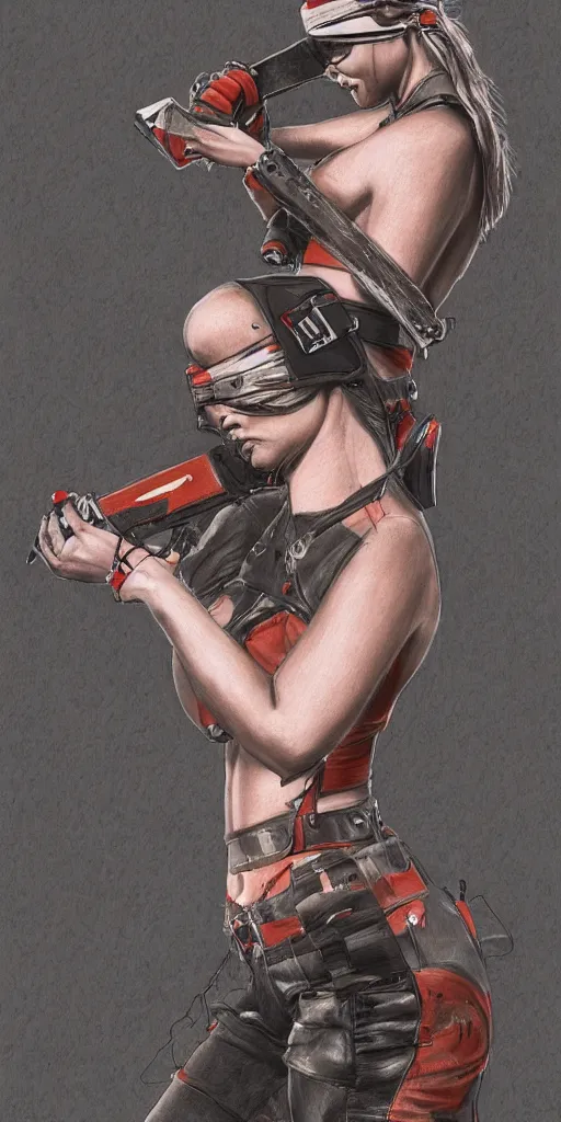 Prompt: a beautiful drawing of an attractive blindfolded woman wielding a chainsaw, highly detailed, featured on artstation, body shot