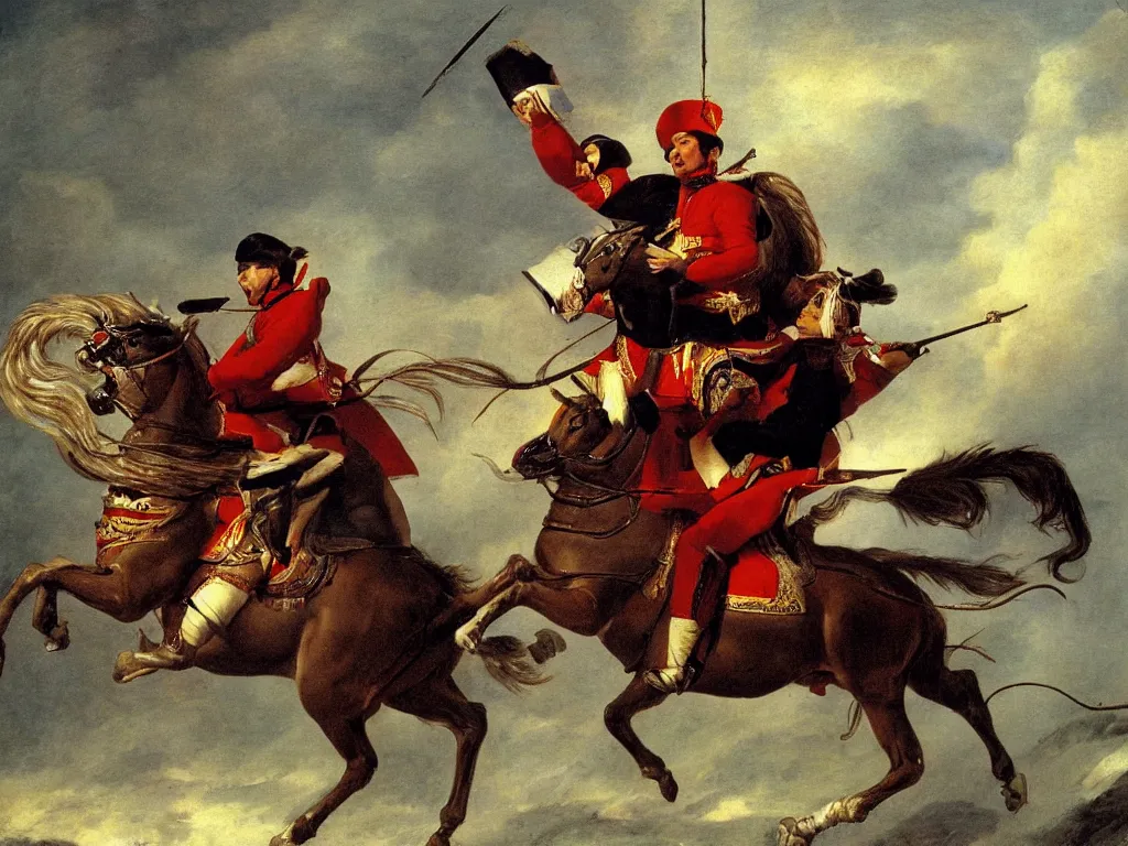 Prompt: napoleon riding Genghis Khan like a horse photography