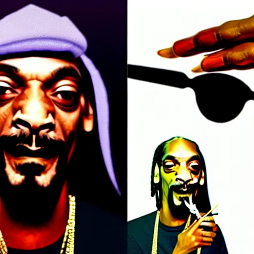 Image similar to Snoop Dog with big eyes eye color red , smiling and holding a joint in his hand