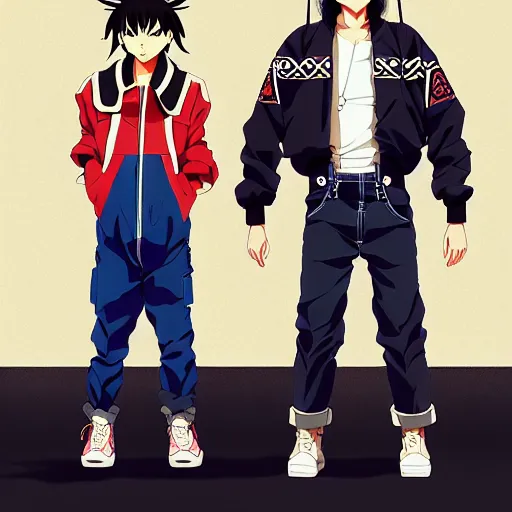 Image similar to a beautiful androgoynous anime boy gravure model, wearing oversized mayan bomber jacket and leotard with overalls, bulky poofy bomber jacket with mayan patterns, aztec street fashion, gapmoe yandere grimdark, trending on pixiv fanbox, painted by greg rutkowski makoto shinkai takashi takeuchi studio ghibli, akihiko yoshida