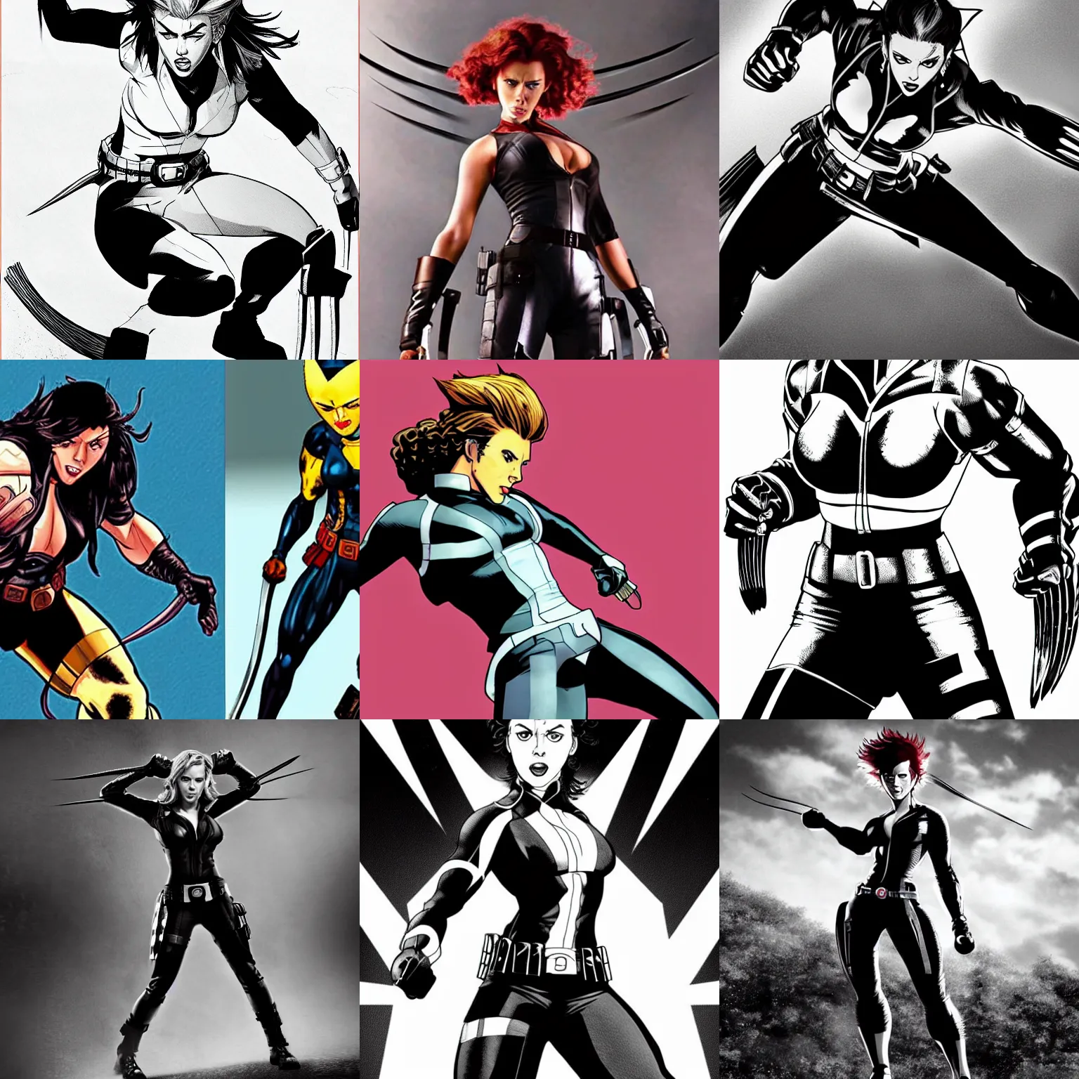 Prompt: scarlett johansson as wolverine from x - men, full body action pose scene, black and white, afro samurai manga style