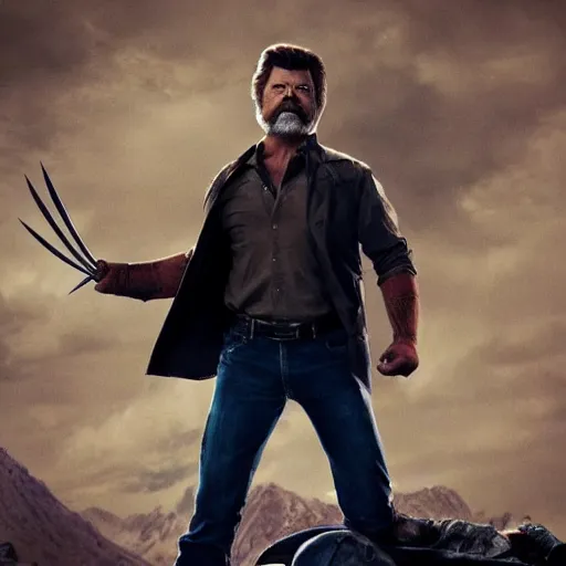 Prompt: logan pictured as nick offerman in wolverine x - men suit, imdb, marvel movie still, detailed 8 k, poster style, deviantart and artstation top picks