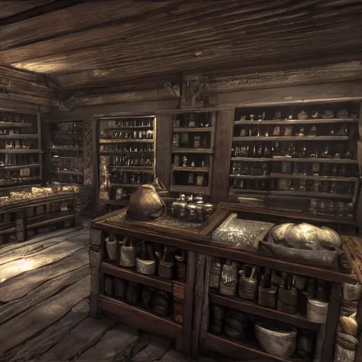 Prompt: Whiterun apothecary interior, potion shop interior, glowing potions, skyrim, set within Elder Scrolls 5 as fanart