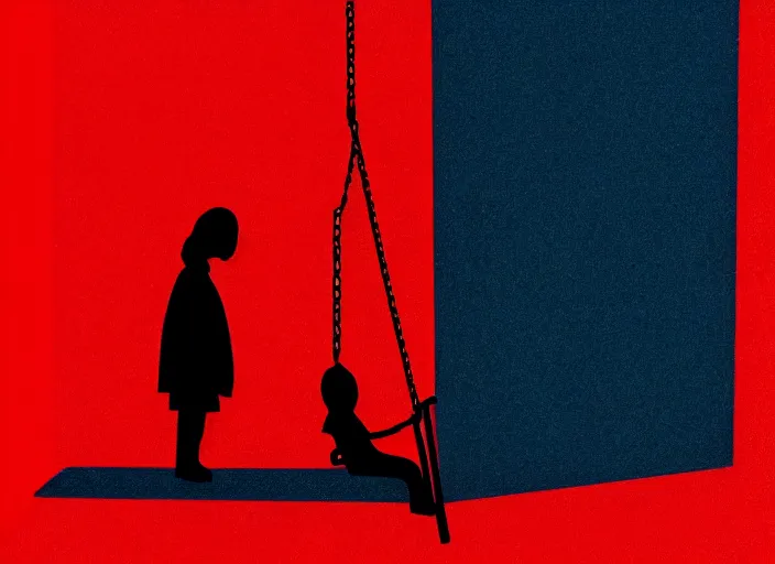 Image similar to ((((editorial illustration by Mads Berg and Karolis Strautniekas)))), colorful, (((((portrait of a lonely girl on the swings))))), fine texture, detailed, stark shadows, (((dramatic lighting))), dynamic composition, moody, vivid, volumetric,cinematic, film grain,cinematic color