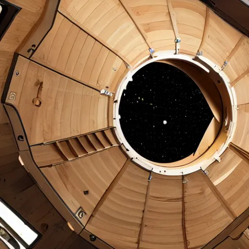 Image similar to photograph of a wooden space station in orbit