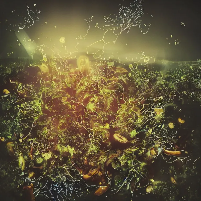 Image similar to double exposure of dally life, symbols of live, explosion, different sprouts and microgreens on mushrooms, cyber mushroom city, mushroom matrix, love is the most relevant theme, 8 k resolution, artistic mode, artistic, trending on instagram, long exposure, love art, serious, fantasy and dreams vibes, mushrooms style and macro style, spring vibes in twilight or sunset lights