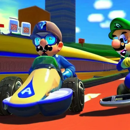 Prompt: Walter White throwing a blue shell at Jesse Pinkman in Mario Kart 8