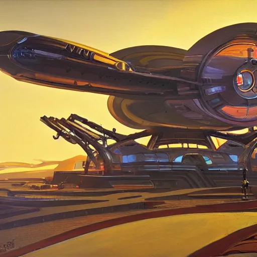 Prompt: painting of syd mead artlilery spaceship with ornate metal work, filigree ornaments, volumetric lights, simon stalenhag