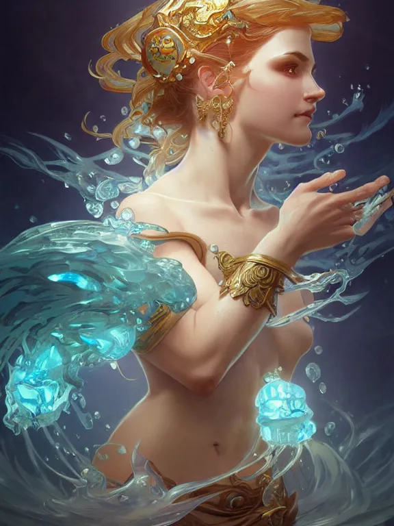 Image similar to summoner with a cute water elemental, fantasy, intricate, elegant, highly detailed, digital painting, artstation, concept art, wallpaper, smooth, sharp focus, illustration, art by artgerm and greg rutkowski and alphonse mucha