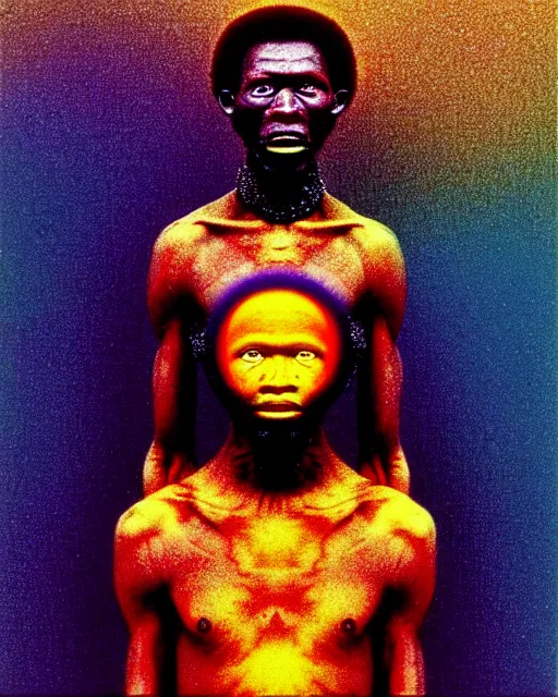 Prompt: a colorful chromatic abberation, 9 0 s toy commercial, double exposure photo from the 7 0 s, polaroid photo of a african tribal warrior, by zdzislaw beksinski, by ernst haeckel